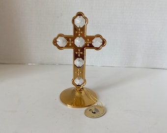 Vintage  5" Austrian Crystal 24K Gold Plated Table Top Cross