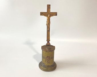 Very Rare 9.5" Tall Vintage Brass Plated Table Crucifix hinged Lidded Font for Holy Water with kneeling angel figurine below