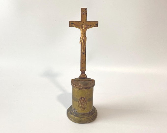 Very Rare 9.5" Tall Vintage Brass Plated Table Crucifix hinged Lidded Font for Holy Water with kneeling angel figurine below