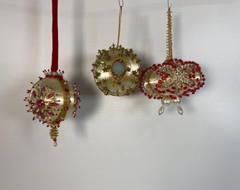 Set of 3 Vintage Cream Satin with Gold ribbon and appliques with Gold, red and pearl beads Push Pin Kit Christmas Ornaments