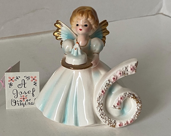 1960s Josef Originals Age 6 Porcelain Ceramic Birthday Angel with Original Tag with Birthday Message