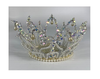 Vintage Petite 3 Rows of  Iridescent Clear and Faux Pearl Beaded Crown for Wedding, First Communion Ballerina or Play