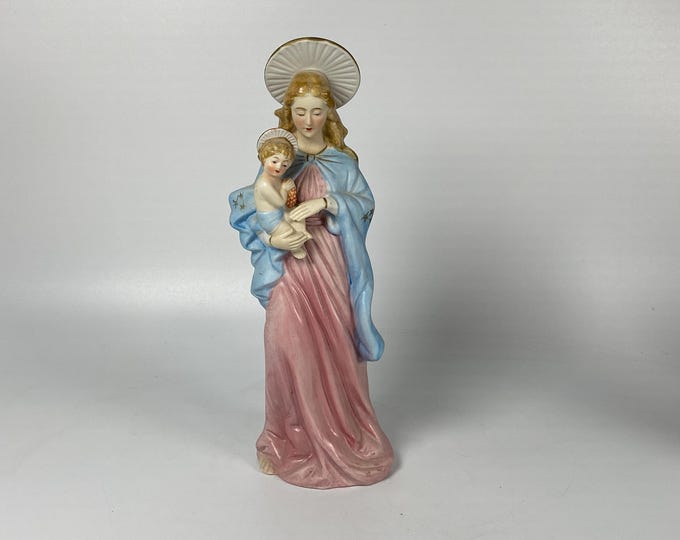 10" Tall Vintage Ceramic Bisque Madonna and Baby Jesus Statue
