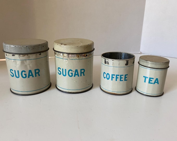 Vintage 4 piece Children's Old Tin Play Canister Set - 2 Sugars, Coffe & Tea with Lids