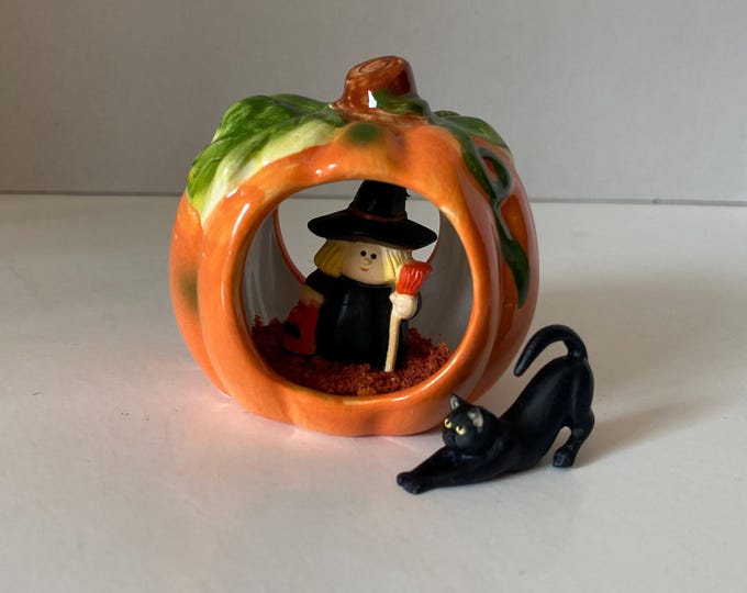 Miniature Halloween Diorama Ceramic Pumpkin with Witch figurine inside and black cat on outside