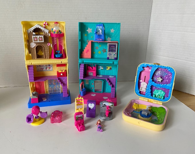 Set of 3 Polly Pocket Pollyville Arcade, Sweet Candy Shop and Hidden Hideouts Unicorn Utopia Playset