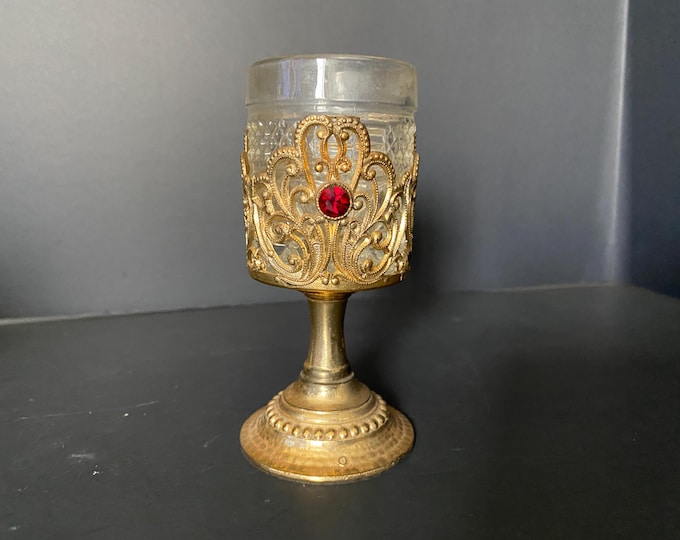 Vintage Gold tone Filigree Holder with Red Rhinestones  and glass insert Stemmed Votive Candle Holder