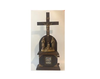 25" Antique 1904 Scrolling 14 Stations of the Cross Pics, Wooden & Bronze Standing Altar Crucifix with 3 Marys below by Koenig Brothers