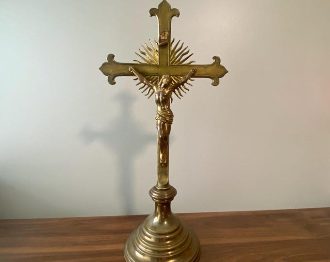 Vintage 24" Brass Altar Crucifix with Starburst behind the Corpus