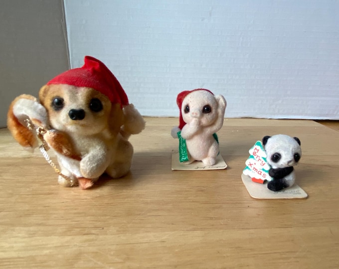 Josef Originals set of 3 George Good Christmas Flocked Animals - Dog, Pig and Panda