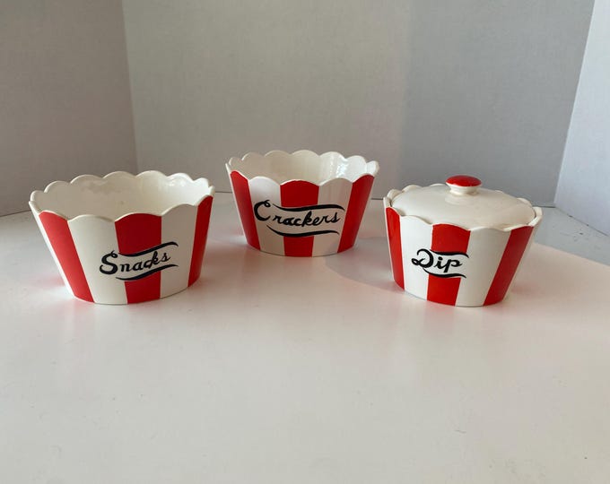 Vintage 1959 Ceramic Shafford Japan Country Club Design by Yona 3 bowl set of Chip Dip and Snack bowls