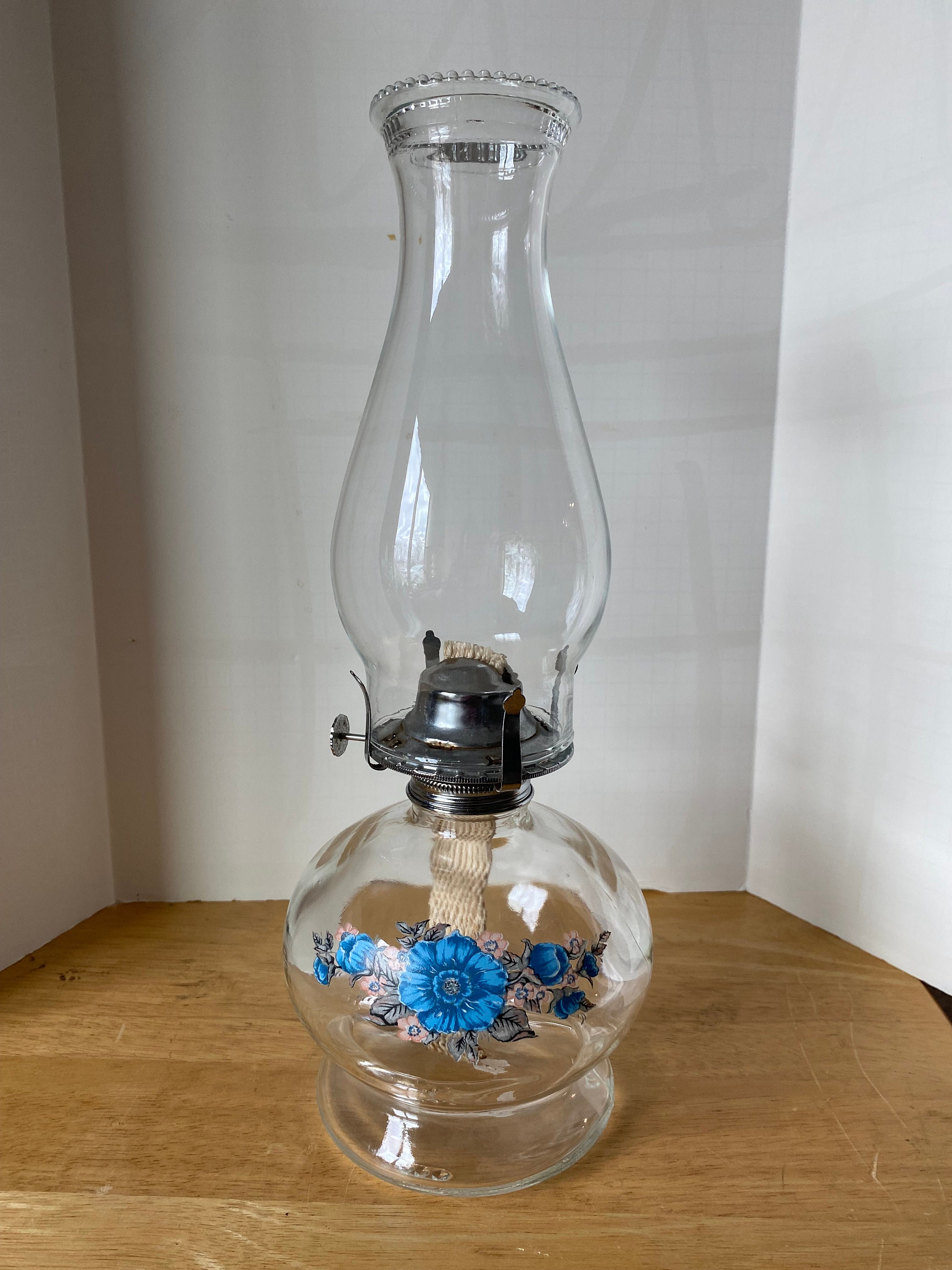 Vintage tall clear floral glass oil lamp with wick and chimney