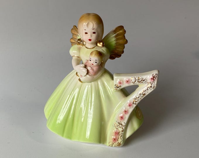1960s Josef Originals Age 7 Porcelain Ceramic Birthday Angel with Original Foil Sticker