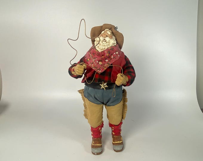 Vintage 12" Tall Cowboy Santa Claus with Holding Star Rope - cloth body, resin head, wire rope chaps