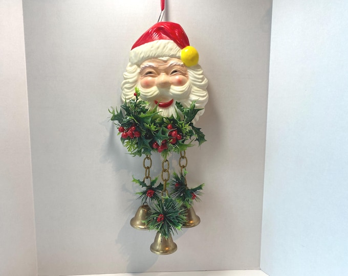 Vintage MCM Plastic Santa Claus Door Hanger Holly Mistletoe with Metal Bells
