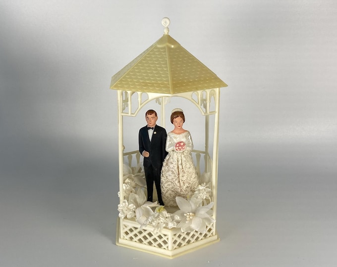 Vintage  3 Piece Set Plastic Gazebo, Bride and Groom and Floral Sprig