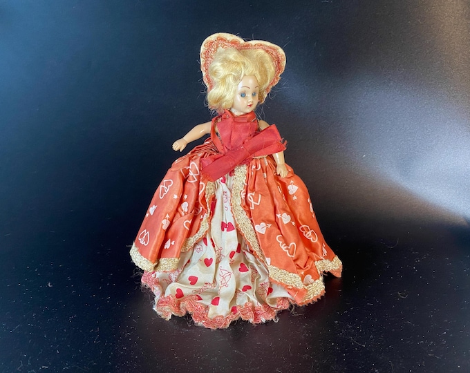 1948 Duchess Valentine Doll with Glass Blue Eyes with Cupid and Heart gown and tall Heart Shape back collar behind head