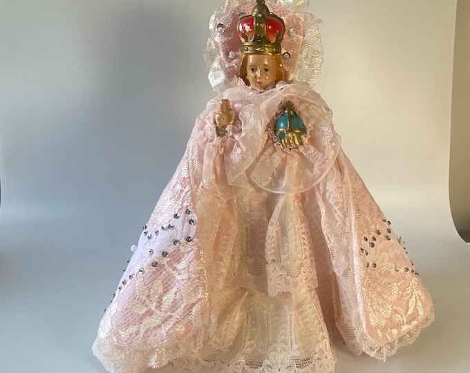 13" Tall Infant Jesus Child of Prague Chalkware Figurine in a Soft Light Pink Lace Vestment