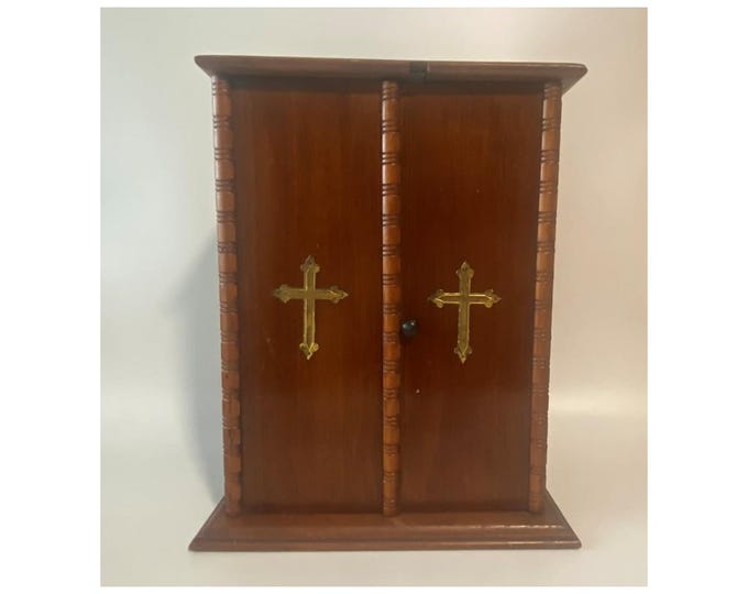 15" Tall Antique Last Rites Viaticum Wall/Tabletop Wooden Cabinet, Homan Silver Plated HMS plated Dish and Cup, Holy Water Bottle, Cloths