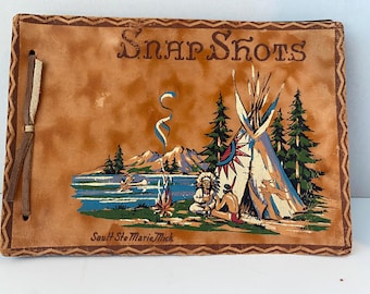Vintage suede Leather Souvenir Photo Album from Geneva Lake, Wisconsin featuring hand painted Native American picture