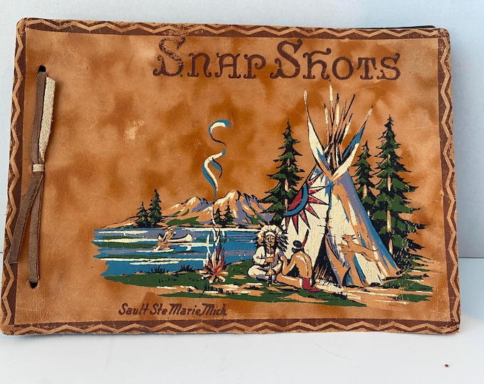 Vintage suede Leather Souvenir Photo Album from Geneva Lake, Wisconsin featuring hand painted Native American picture