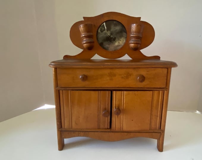 Early 1900s Wooden 10 1/2" Tall Doll Dresser / Wash Stand Cabinet with Round Mirror