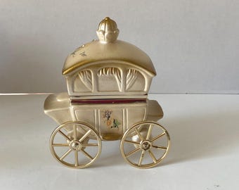 Rare Vintage Berger Pearl Gold Ceramic Hinged Jewelry Trinket Ring Box Carriage, Wheels move, Hand Painted Florals,  Rhinestone Accents