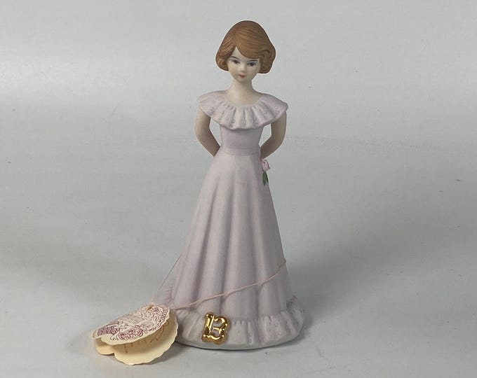 1980s 13 Year Old Brunette Birthday Girls by Enesco ceramic bisque "Growing Up Birthday Girls"  Figurine with Original Tag & Birthday Poem