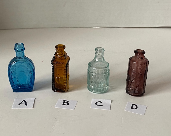 RARE 2" SIZE  MINIATURE Wheaton Style Miniature Cobolt Horsehoe, Apple Bitters, Aqua Root Bitters or Purple Alan Caster Indian Bitters