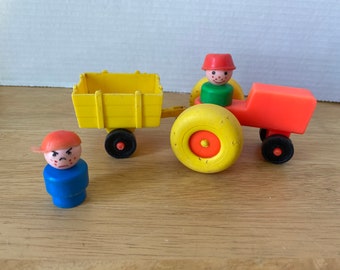 1960s Fisher Price Little People 4 piece set of 2 Boys with Hats, tractor and cart