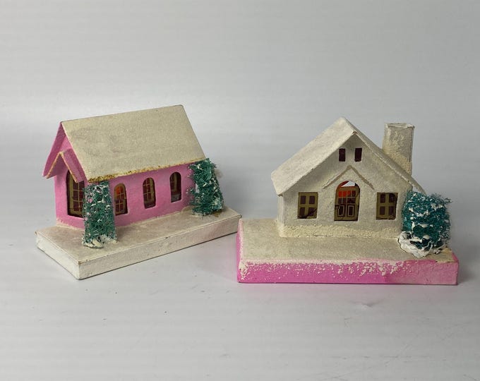 Set of 2 Vintage Putz Houses with gold and white glitter accents