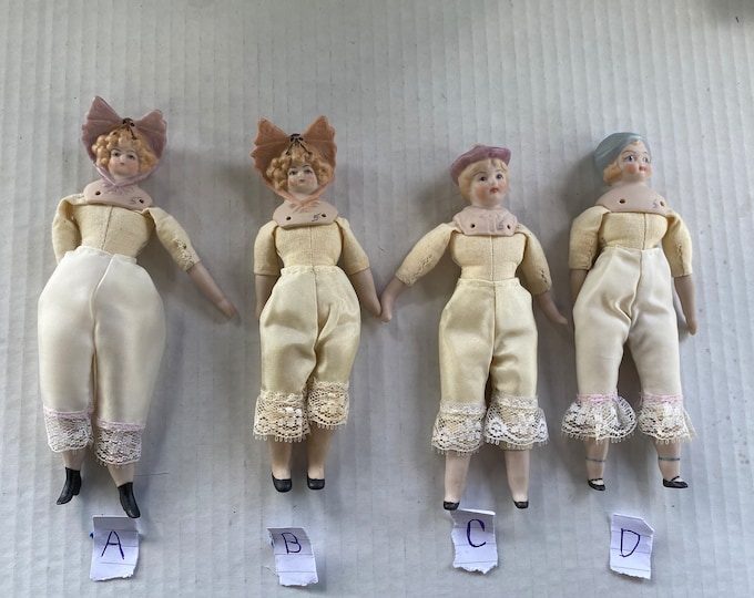 Unusual Hats! Choice of 4 Bisque Head (with hats), Arm & Legs with Cloth Body Dollhouse Size