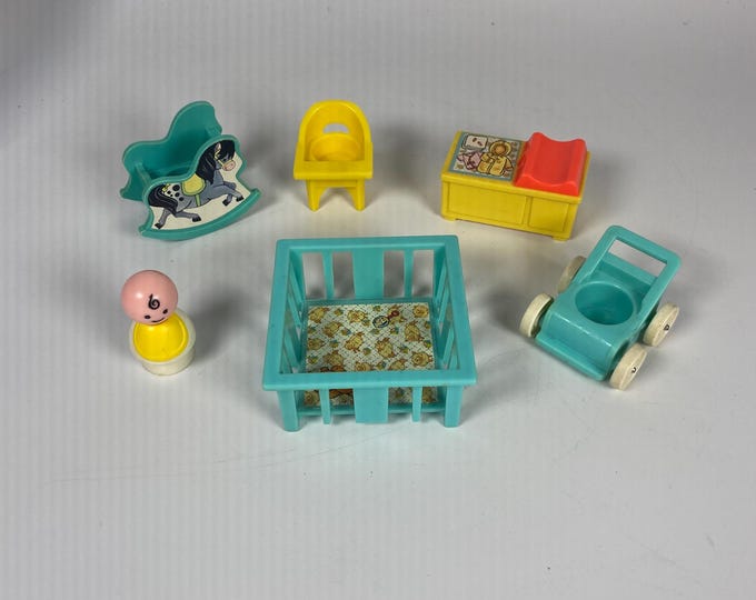 6 Piece Set 1970 Fisher Price Play Family Nursery Turquois and Yellow Set with Baby Model #761