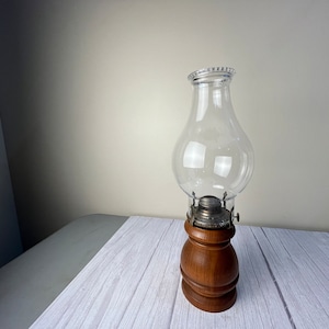 Vintage wooden base oil lamp with removable canister, plain chimney and wick