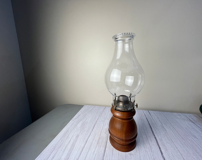 Vintage wooden base oil lamp with removable canister, plain chimney and wick