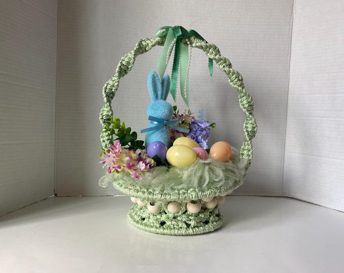 Vintage Handmade Green Macramé/Crocheted Spring Easter Basket with Bead accents, and fluffy yarn center with Easter Decor