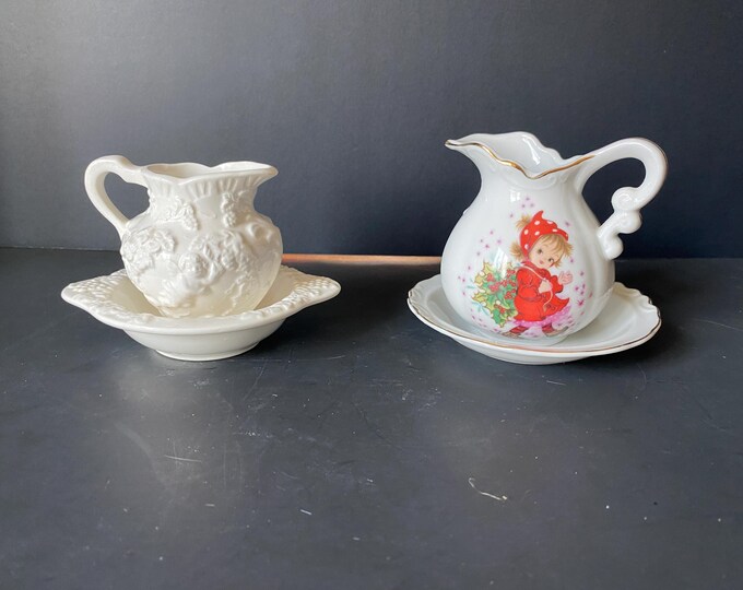 Choice of Vintage Lefton Small Bowl and Pitcher Set - Girl Carrying Holly Leaves or Cherub Renaissance Set