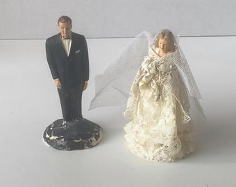 Rare 1958 Vintage 2 Piece Bride and Groom Chalkware Wedding Cake Topper with Lace dress, flowers and veil