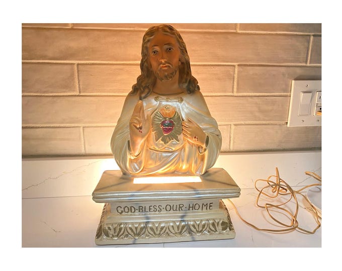 Large Rare 1950s-60s Chalkware Sacred Heart of Jesus Lighted Shrine made by the Pacini Novelty Co. of Detroit with saying God Bless Our Home