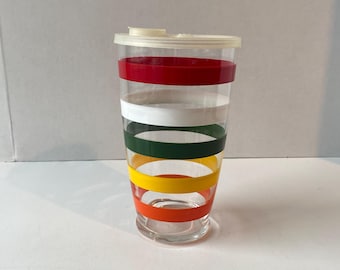 Rare Vintage 32 ounce Flexeel Multi Color Striped Bands Cocktail Shaker with Capped Drink Hole/Spout Plastic Lid