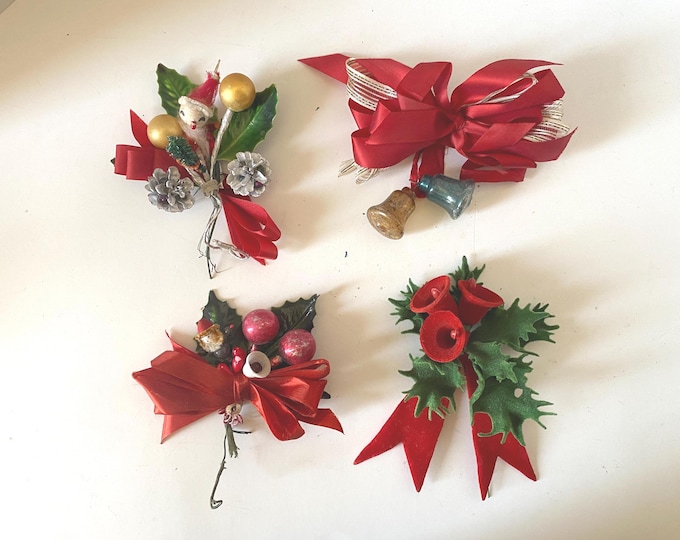 Choice of Vintage Christmas Coursages/Picks with Santa, Elf or Bell picks
