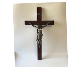 Vintage 24" Wooden Wall Cross with Metal Corpus