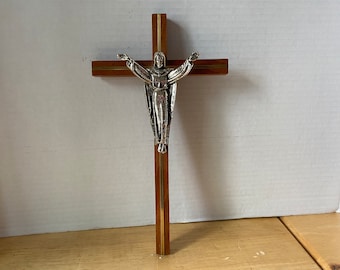 Vintage Wooden Crucifix with Brass Cross Insert behind Jesus done in a distressed silver
