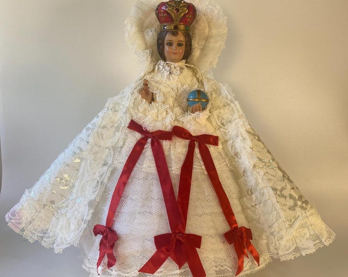 Italy 1963 Columbia Statuary 16" Tall Infant Jesus Child of Prague Chalkware w/4 Changeable Vestments, Glass Eyes and Plastic Covering