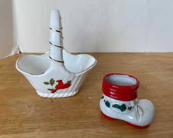 Lefton mini Cardinal ceramic white basket and ceramic Santa boot with holly decoration