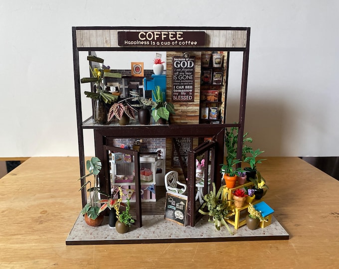 COMPLETED lighted Coffee Shop/Room by Flever Miniature Dollhouse Kit  Decorations w/Lights, batteries included and  1:24 Scale
