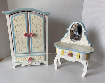 Vintage Doll 12" tall Armoire /Jewelry Wooden Music Box, Plays "Somewhere Over The Rainbow" & Matching Vanity with Mirror and Drawer