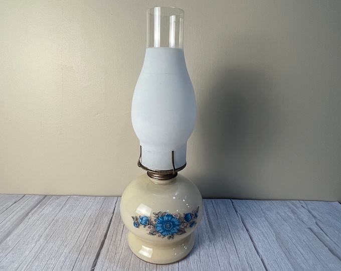 vintage floral inside painted glass oil lamp with partial frosted chimney and wick