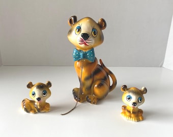 MCM Vintage Ceramic Big Eyed Tiger with two cubs with chain