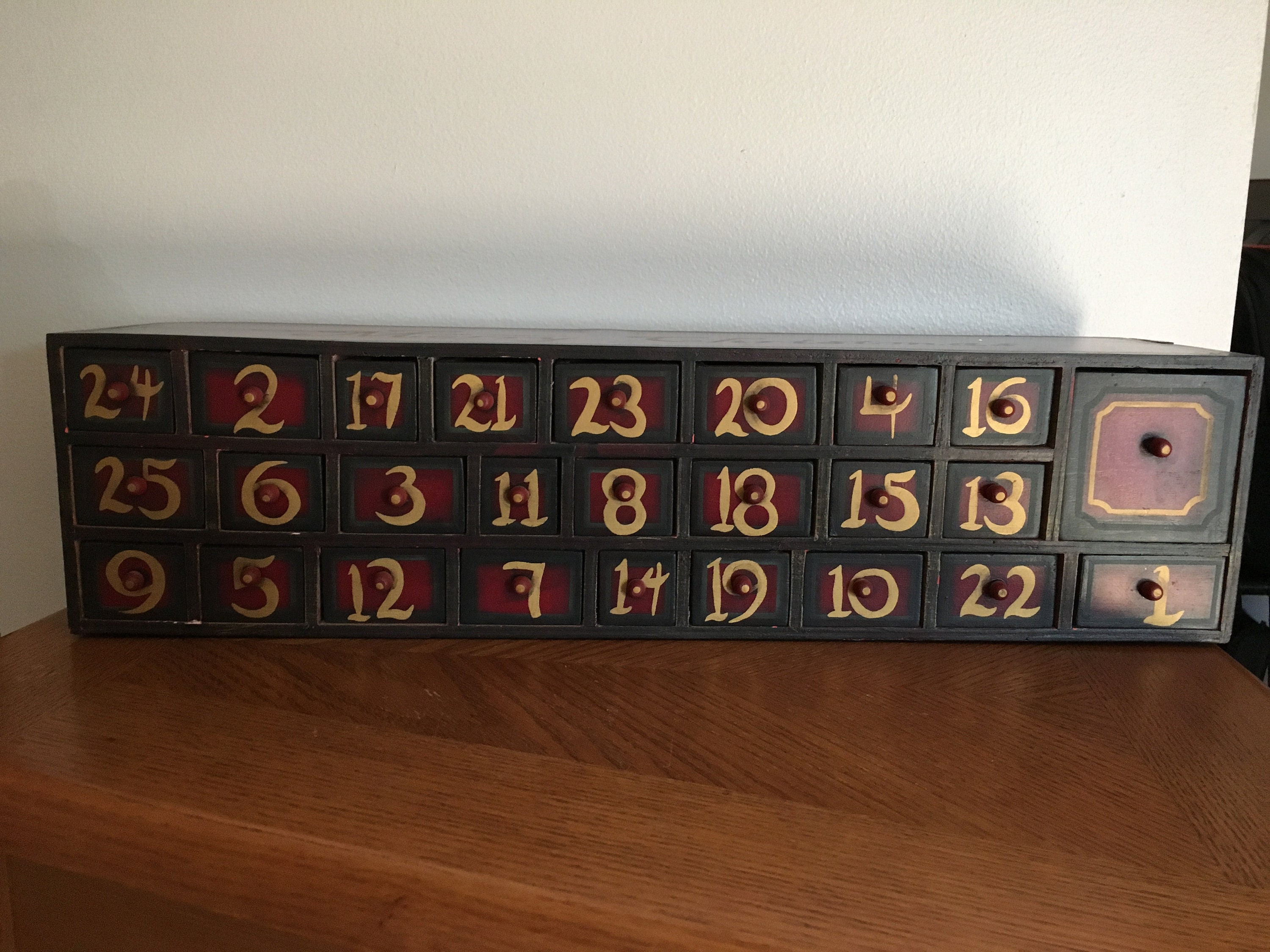 Vintage Wooden Advent Calendar Box With Christmas Tree And Ornaments Vintage Wooden Advent Calendar Box With Christmas Tree And Ornaments
